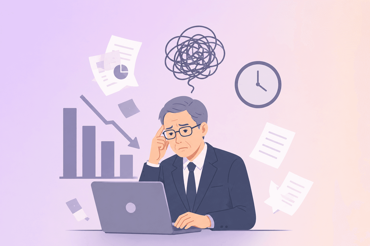 Knowledge Studio導入前 - 課題に悩む担当者と落ち込む業績